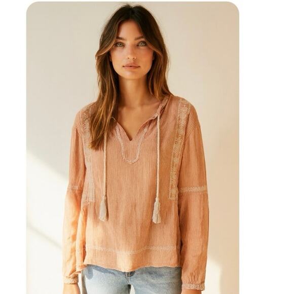 Garnet Hill Boho Coastal Orange Cream Pinstripe Embroidered Tassel Tunic Top - Picture 1 of 8